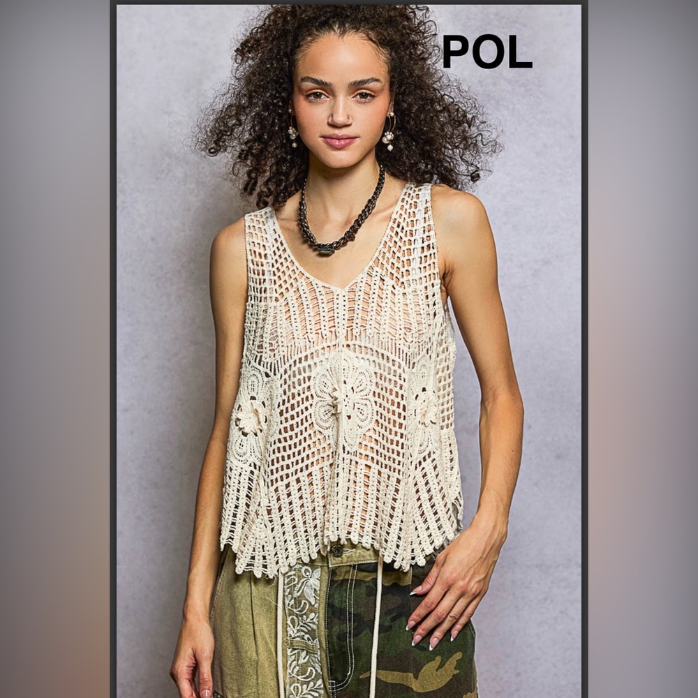 BP225-2🤍NEW! POL Ivory Crochet Tank Top w/relaxed fit; ez wear; great w/cami!